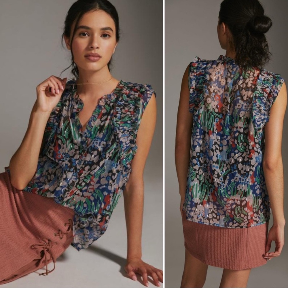 NWOT Anthropologie Let Me Be Sheer Floral Ruffle Tank Size XS Watercolor